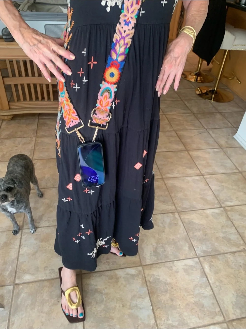 Embroidered Floral Strap - Black with Multicolor Embroidery for phone or bag